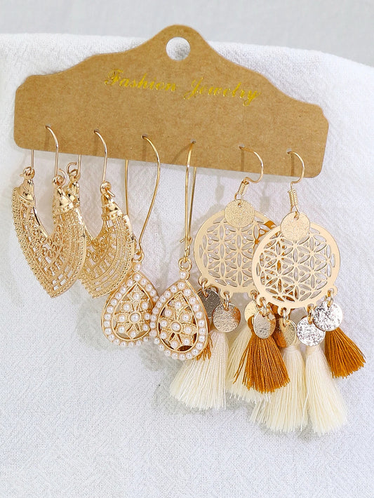 Trendy Golden Circle White Tassel Shell Earrings & Ear Studs Combination Set - Versatile Fresh Fashion Jewelry for Women