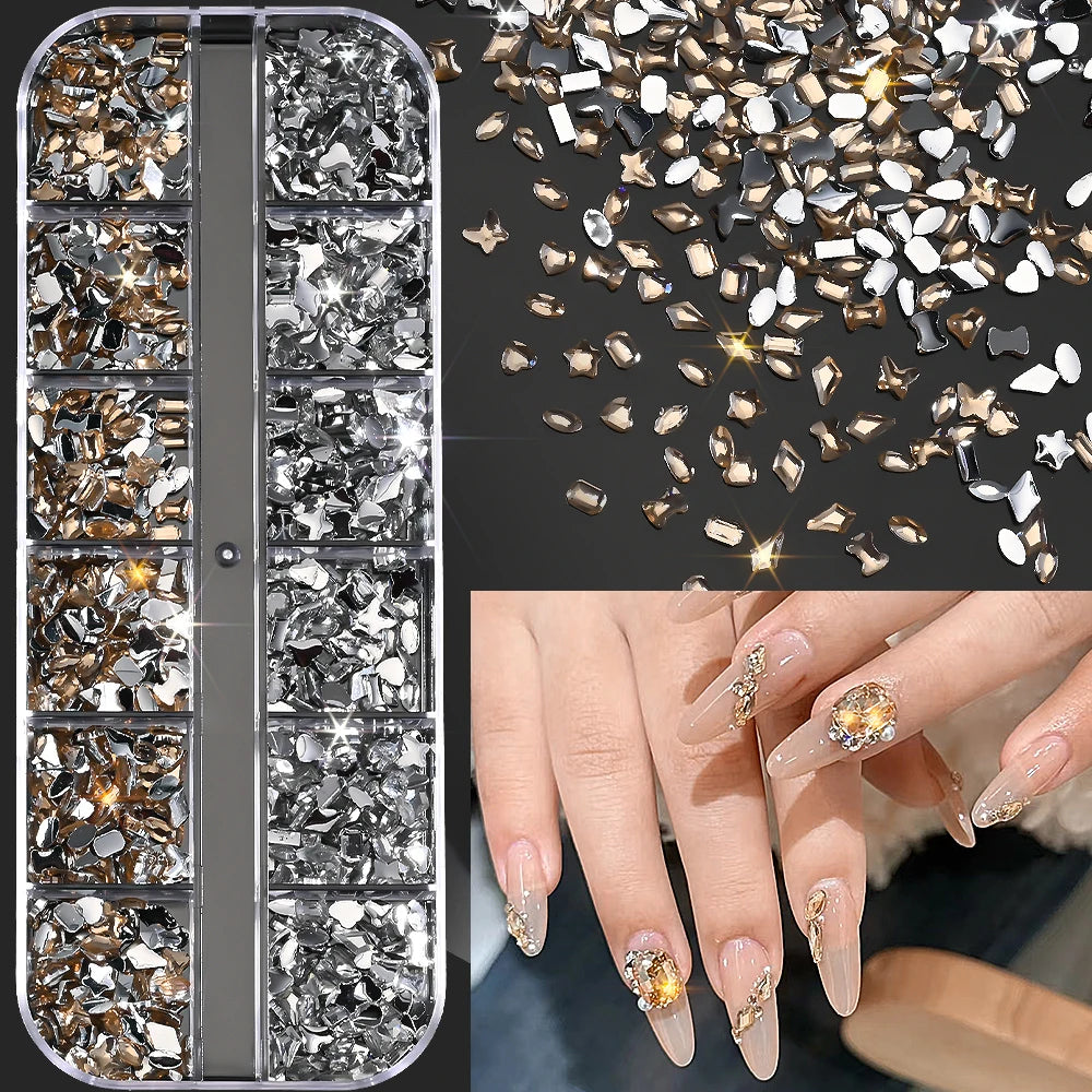 12-Grid Ocean Gold Nail Art Charms Set - Shell, Seahorse & Starfish with White Pearl Gems & Metal Studs