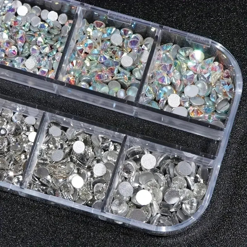 Boxed 3D Flat Back Nail Rhinestones Kit - Glass AB & Clear Crystal Gems DIY Manicure Nail Art Charms