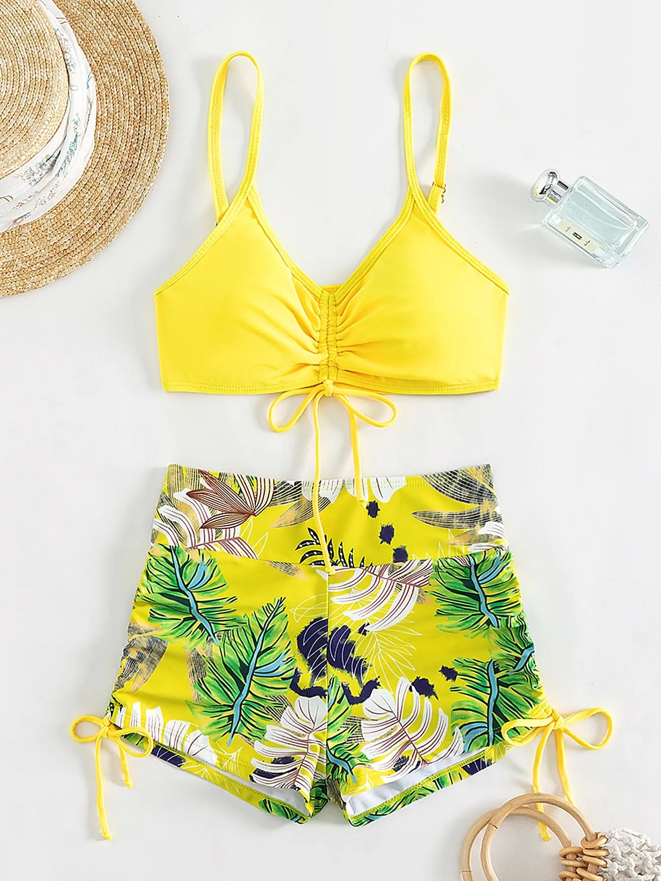 Drawstring Front Shorts Bikinis 2025 High Waist Swimsuit Women Swimwear Two-Piece Set
