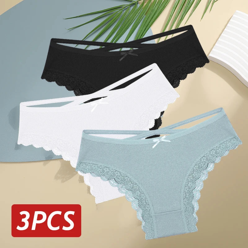 3PCS Women's Cotton Panties Set - Low Rise Lace Brazilian Bikini Underwear with Bow Detail (S-XL)