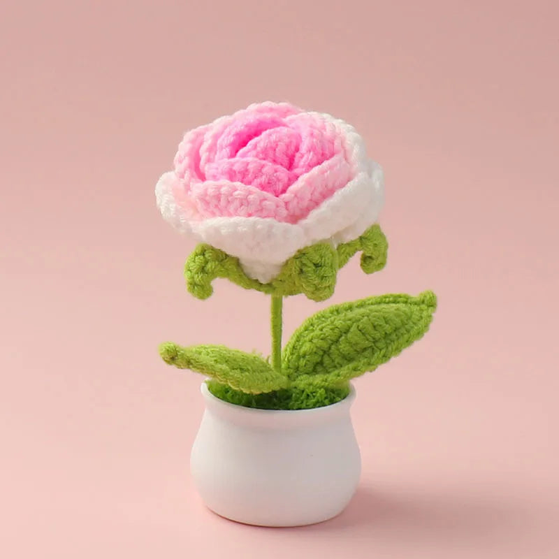 Decorative Knitted Rose Pot | Artificial Flowers for Home & Celebration Decor
