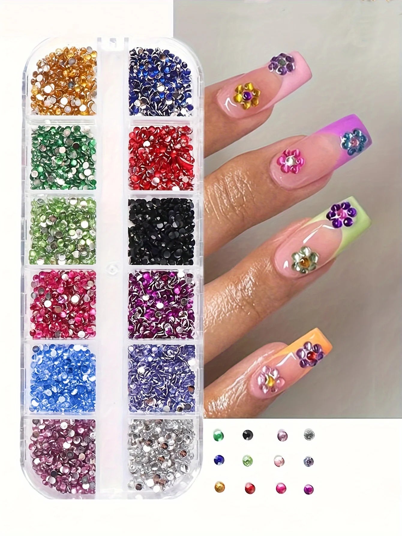 12-Grid Shimmering Crystal Nail Art Rhinestones - Multi-Use Flatback Gemstones for Nails, Shoes & Accessories