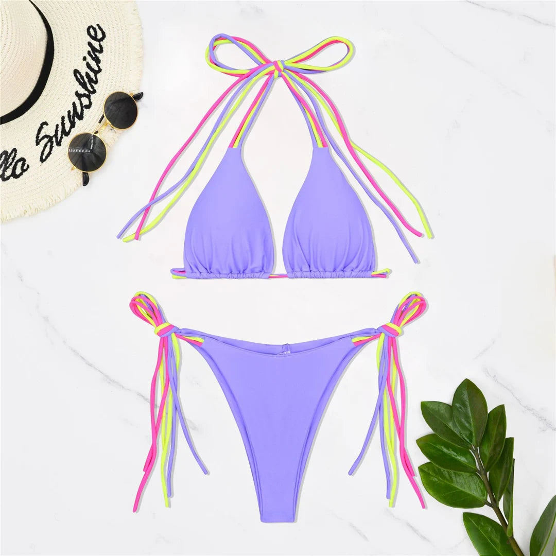 S - XL Colorful Strappy Halter Bikini Women Swimwear Two-Piece Set