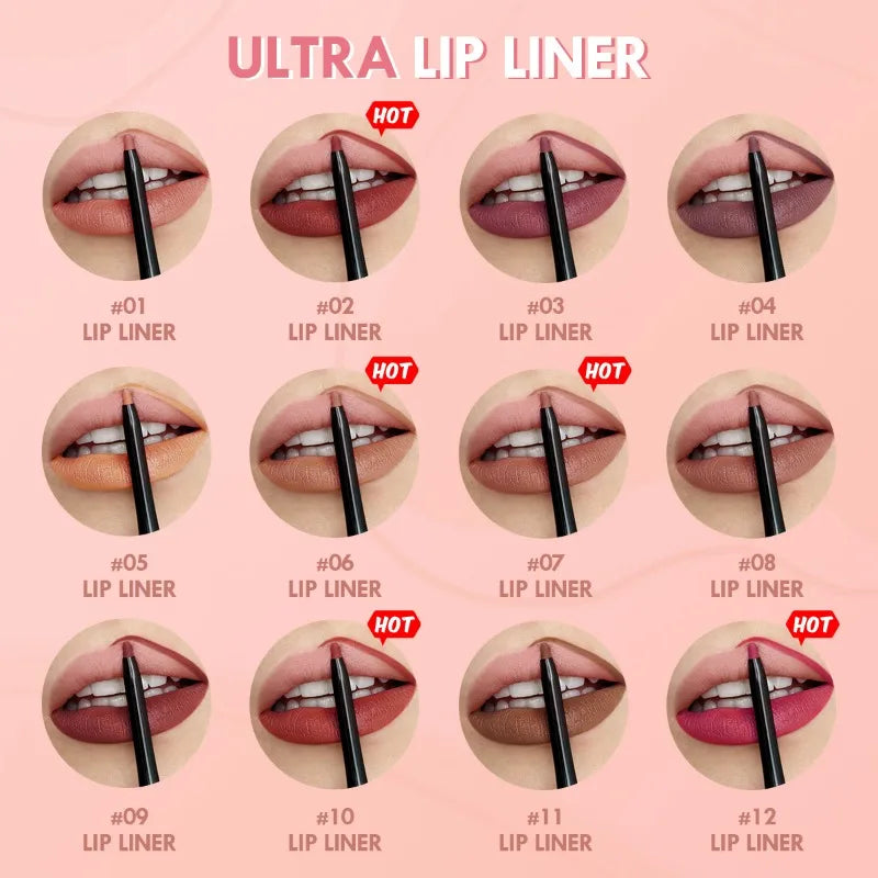 Waterproof Matte Lip Liner Pencil - Long-Lasting Non-Stick Moisturizing Lip Contour in 12 Colors