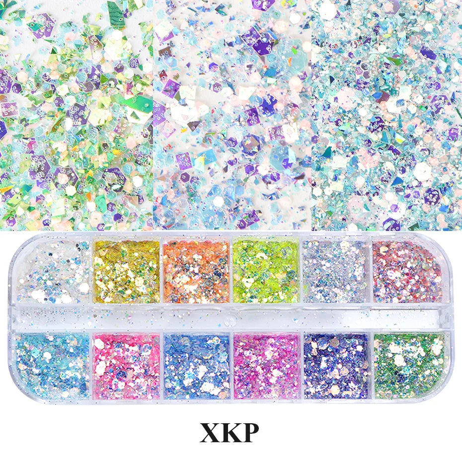 Mirror Iridescent Mixed Hexagon Nail Glitter Sequins Set - 12 Grids Holographic Spangles Flakes Nail Art Powder