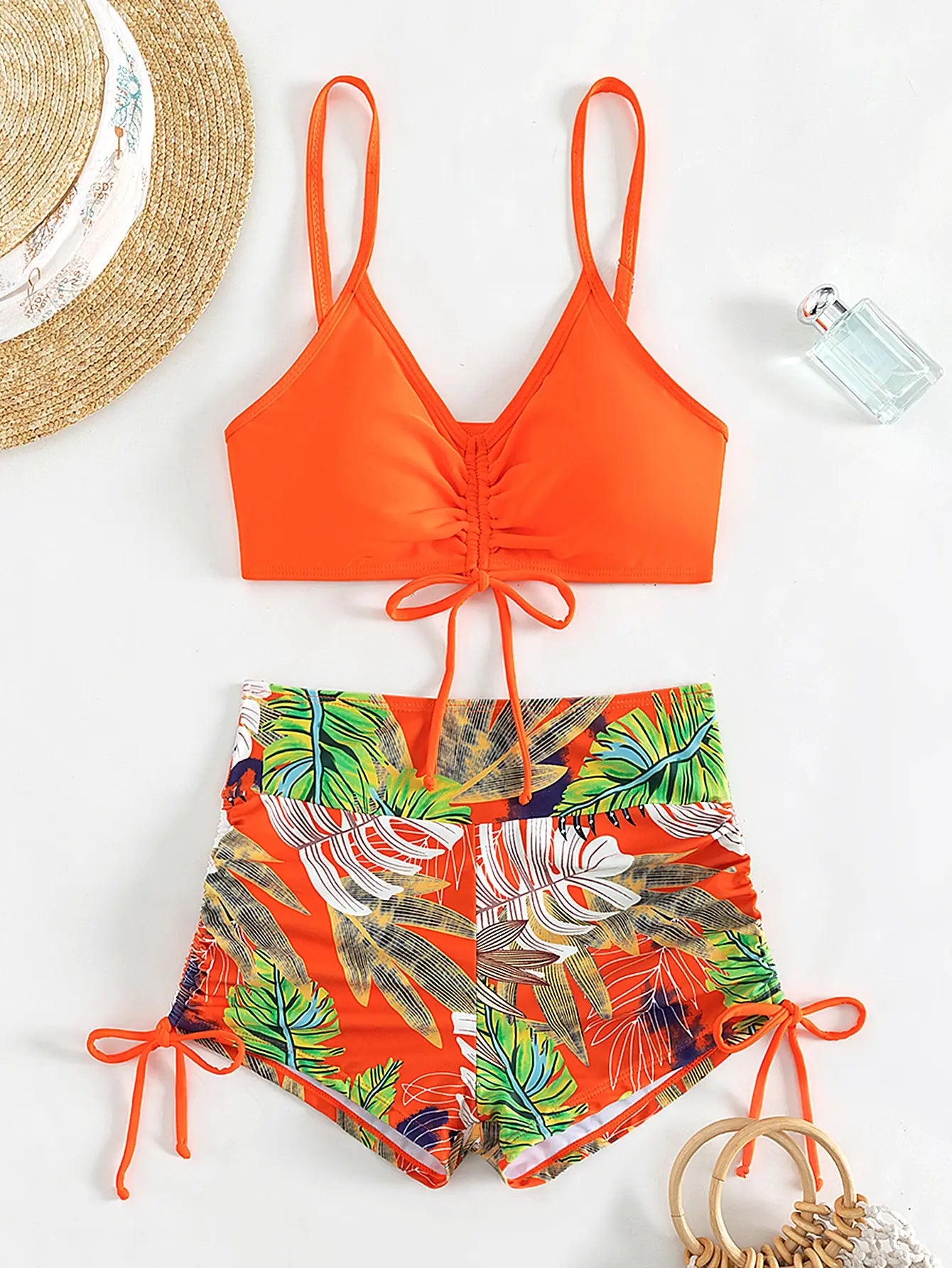 Drawstring Front Shorts Bikinis 2025 High Waist Swimsuit Women Swimwear Two-Piece Set