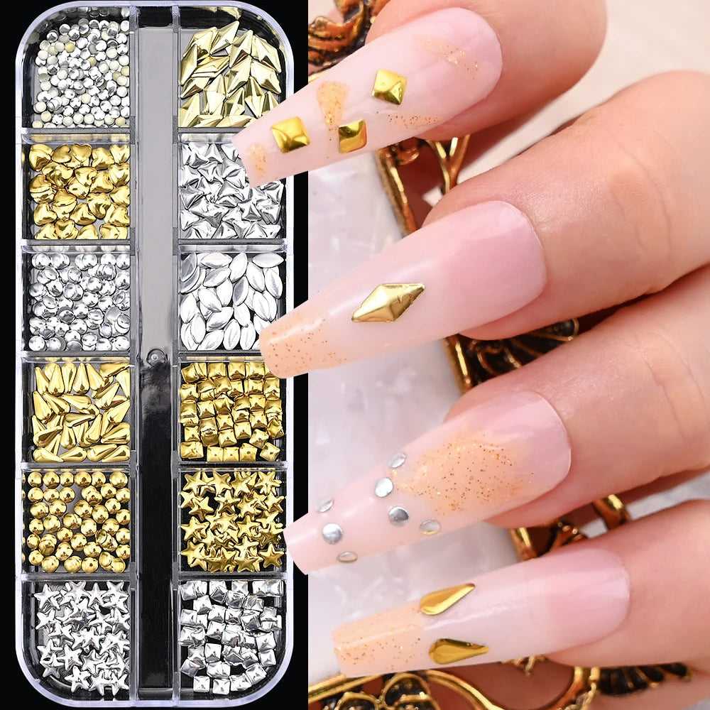 12-Grid Ocean Gold Nail Art Charms Set - Shell, Seahorse & Starfish with White Pearl Gems & Metal Studs