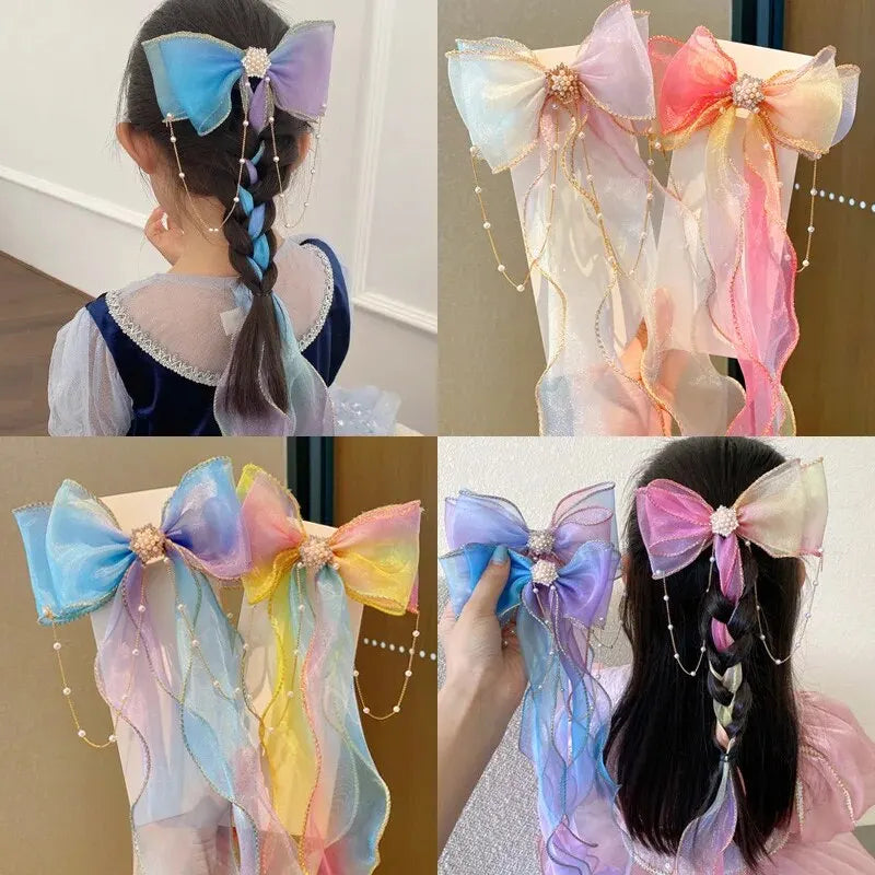 Elegant Mesh Gradient Bow Hair Clips with Tassels - Decorative Barrettes for Girls - Holiday Party Hair Accessories