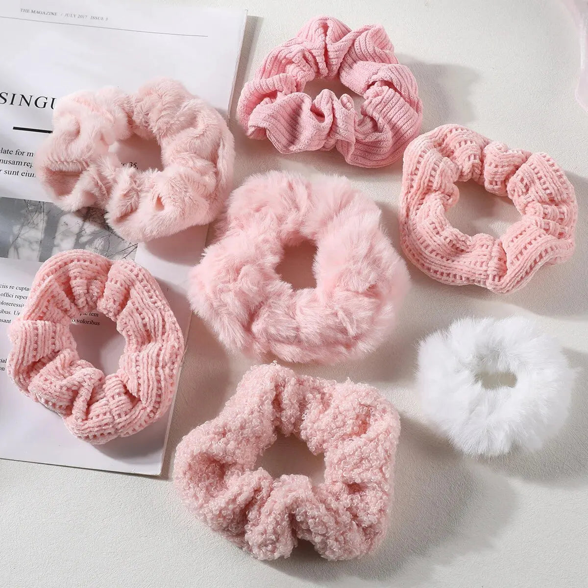 7 Piece Women's Plush Hair Scrunchies Set - Solid Color Cotton Blend Ponytail Holders & Hair Ties