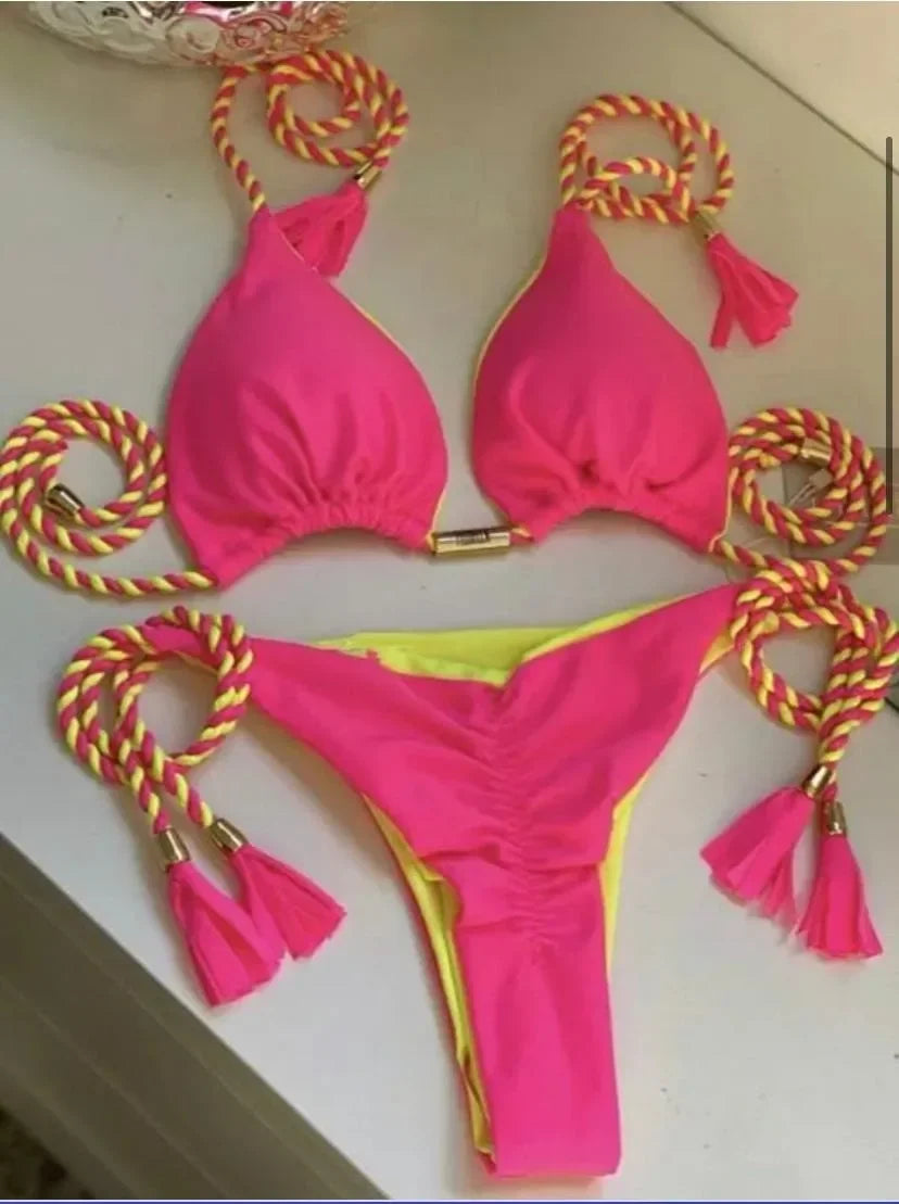 Women's Backless Triangle Bikini Set - Multicolor Rope Tie Swimsuit