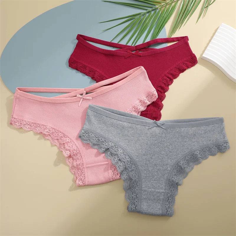 3PCS Women's Cotton Panties Set - Low Rise Lace Brazilian Bikini Underwear with Bow Detail (S-XL)