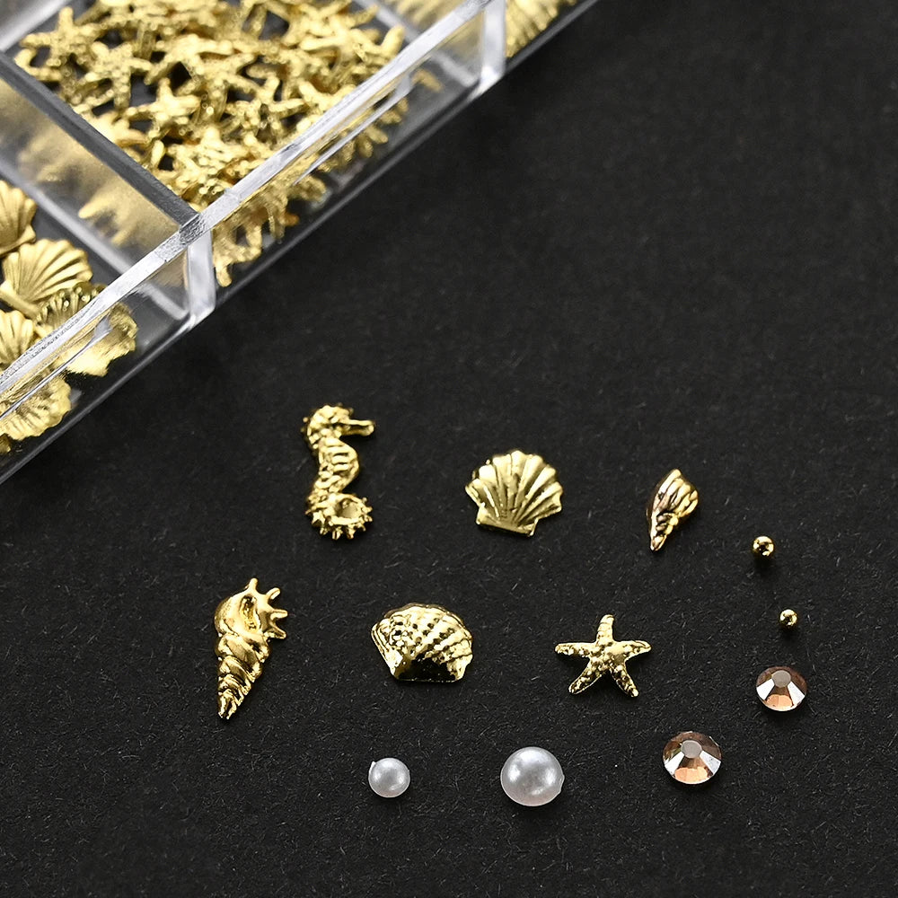 12-Grid Ocean Gold Nail Art Charms Set - Shell, Seahorse & Starfish with White Pearl Gems & Metal Studs