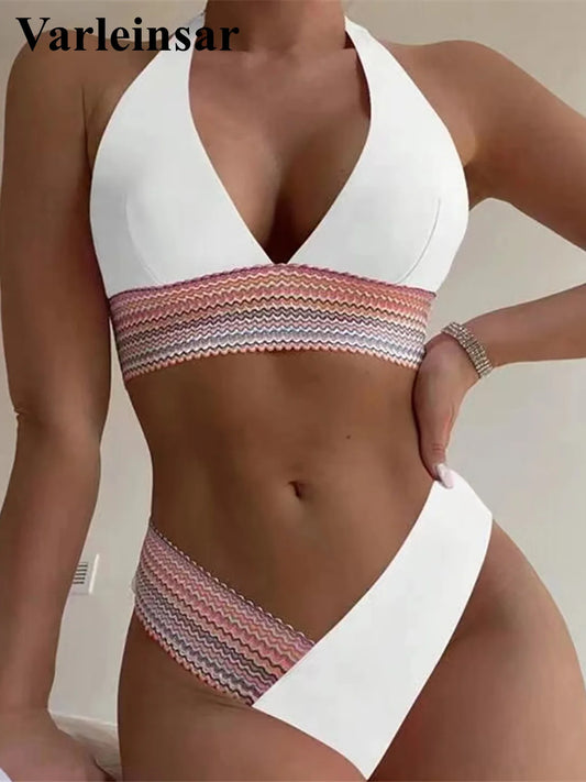 5-Color Splicing Halter V-Neck Bikini Set - Wire-Free Two-Piece Swimsuit (S-XL)