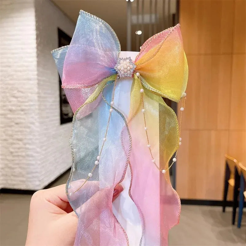 Elegant Mesh Gradient Bow Hair Clips with Tassels - Decorative Barrettes for Girls - Holiday Party Hair Accessories