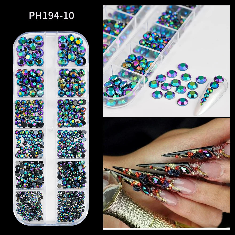 12-Grid Ocean Gold Nail Art Charms Set - Shell, Seahorse & Starfish with White Pearl Gems & Metal Studs