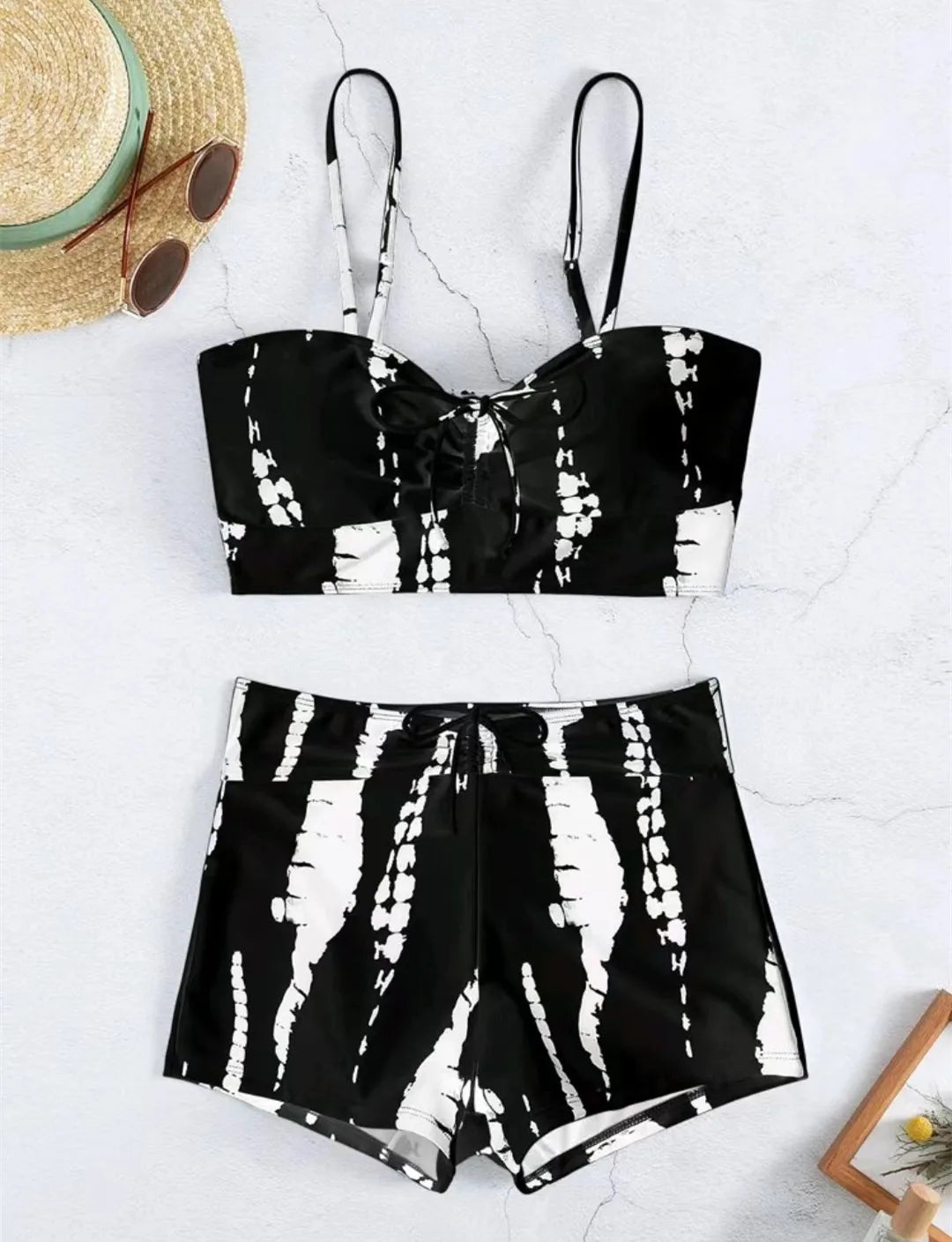Drawstring Front Shorts Bikinis 2025 High Waist Swimsuit Women Swimwear Two-Piece Set
