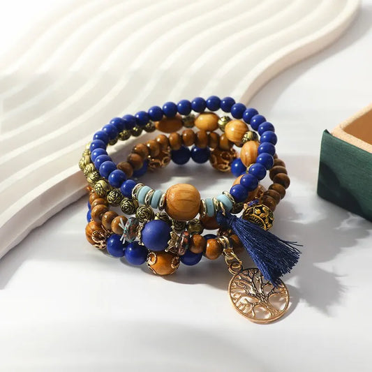 Elegant 4-Piece Stone & Tassel Bracelet Collection - Women's Layered Vintage Leaf Charm Bangle Set with Colorful Beads