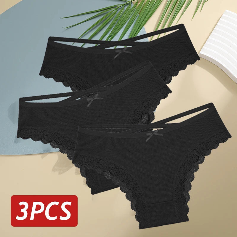 3PCS Women's Cotton Panties Set - Low Rise Lace Brazilian Bikini Underwear with Bow Detail (S-XL)