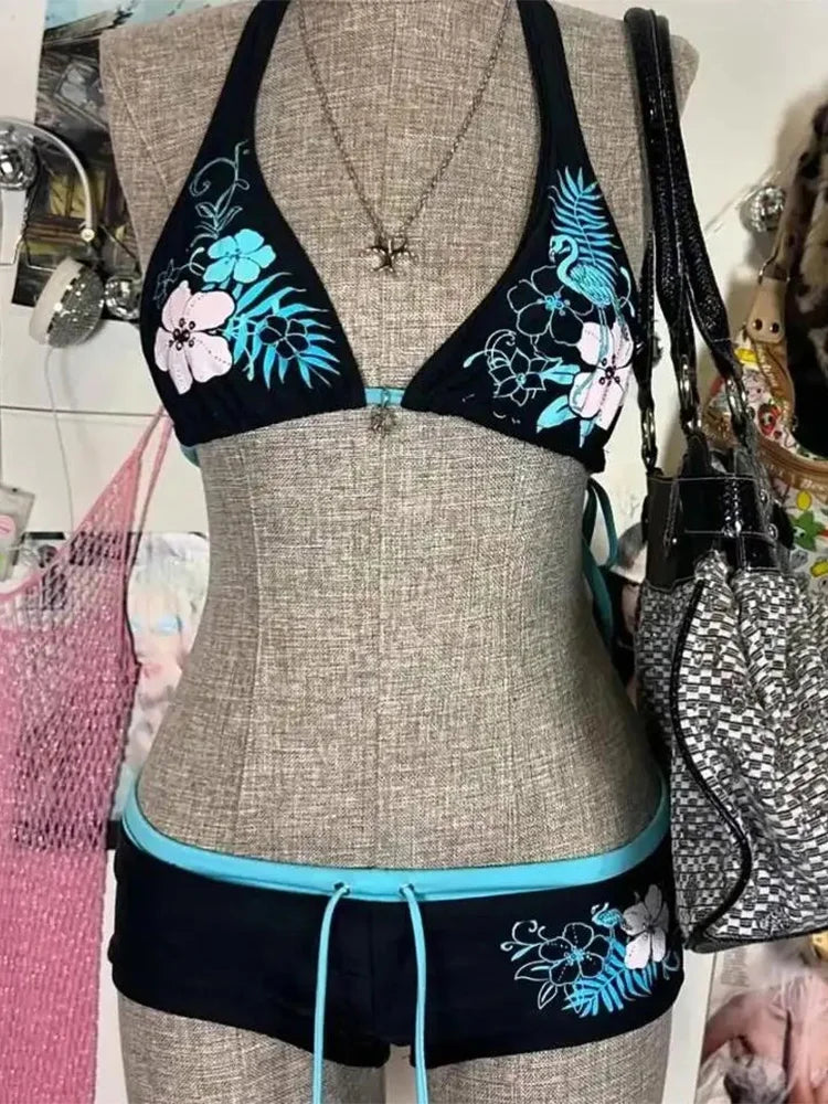 Sexy Floral Print Lace-Up Backless Bikini Set - High Waist Two-Piece Swimsuit (S-L)