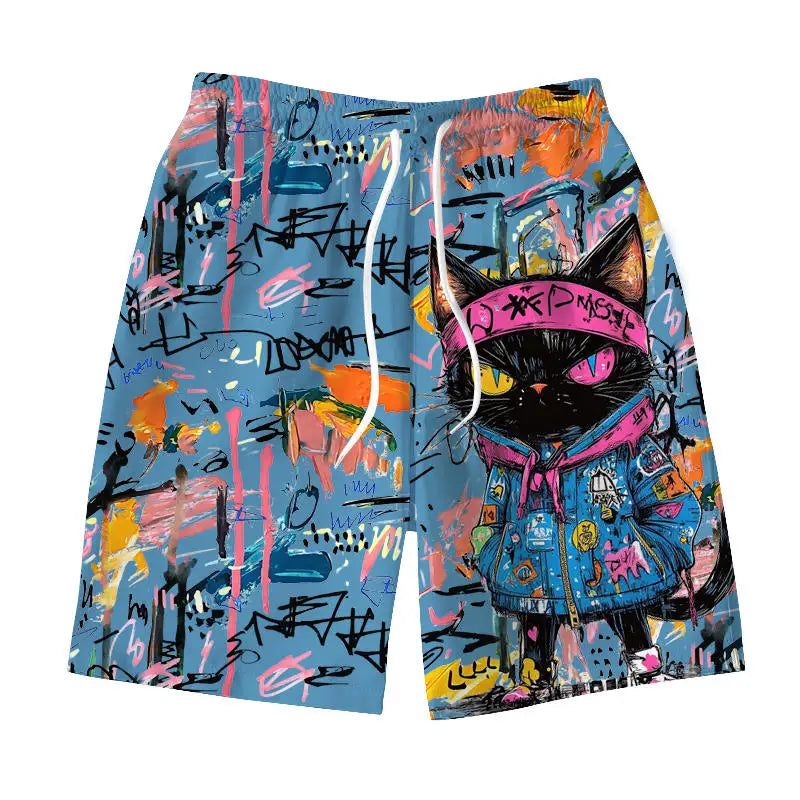 Men's Hawaiian Swimming Trunks - 3D Graffiti Kitten Macaron Print