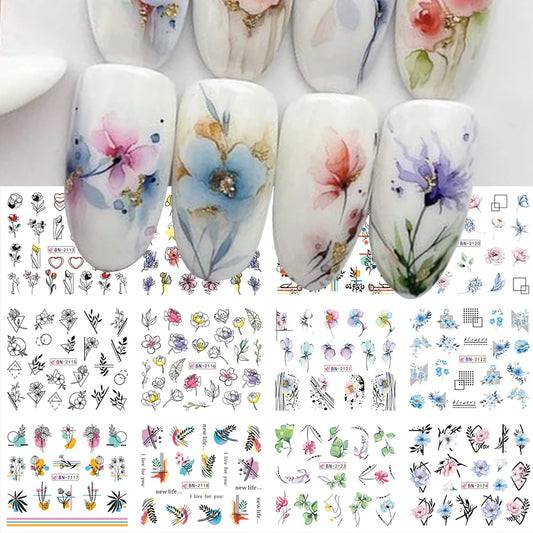 12-Piece Geometric Flower & Leaf Nail Stickers - Colorful Water Decal Sliders for Creative Nail Art