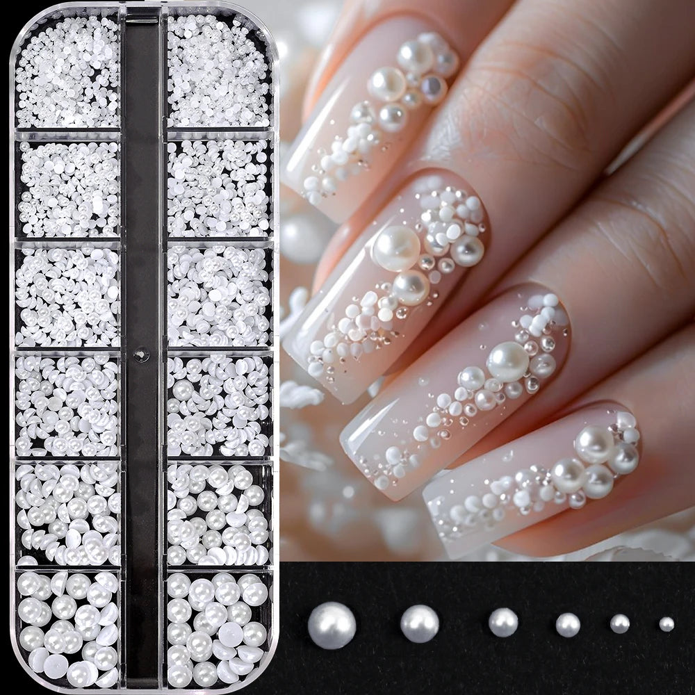 12-Grid Ocean Gold Nail Art Charms Set - Shell, Seahorse & Starfish with White Pearl Gems & Metal Studs