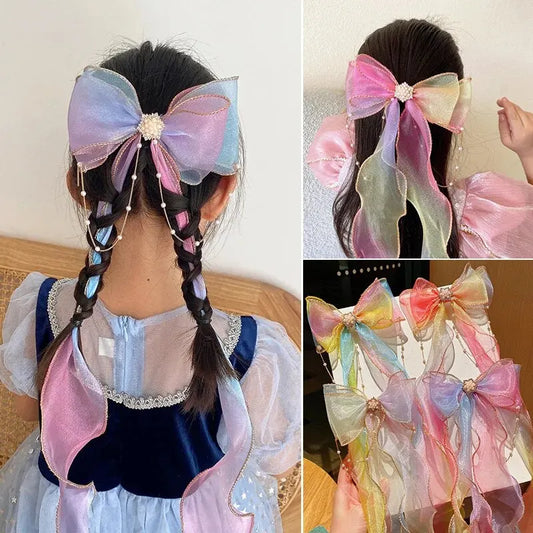 Elegant Mesh Gradient Bow Hair Clips with Tassels - Decorative Barrettes for Girls - Holiday Party Hair Accessories