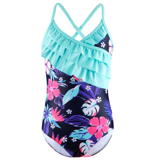 Girls Flower Print Swimsuit with Ruffle Detail | Beach Bathing Suit