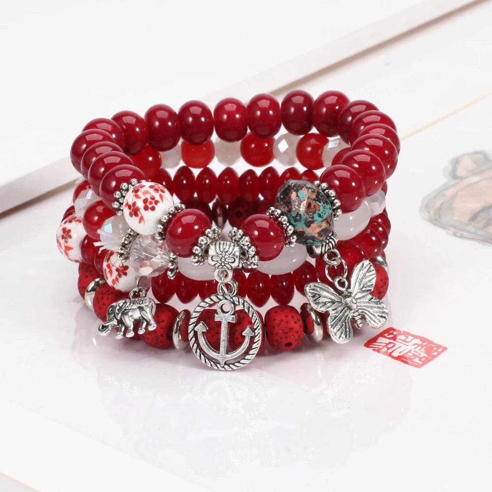 Bohemian Bracelets Set for Women - Stackable Butterfly Elephant Anchor Pendant Beads Bracelet Collection