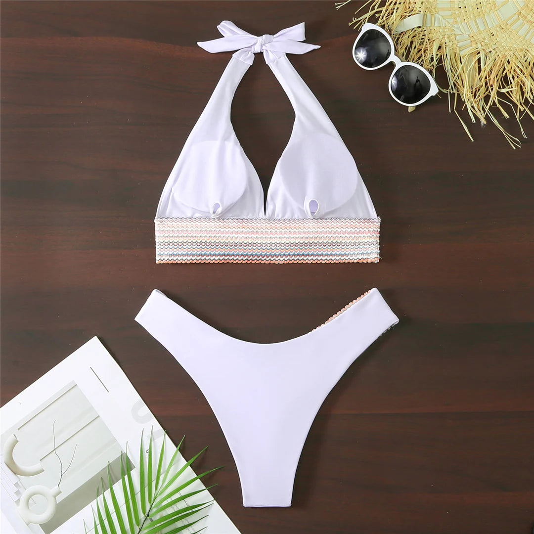 5-Color Splicing Halter V-Neck Bikini Set - Wire-Free Two-Piece Swimsuit (S-XL)