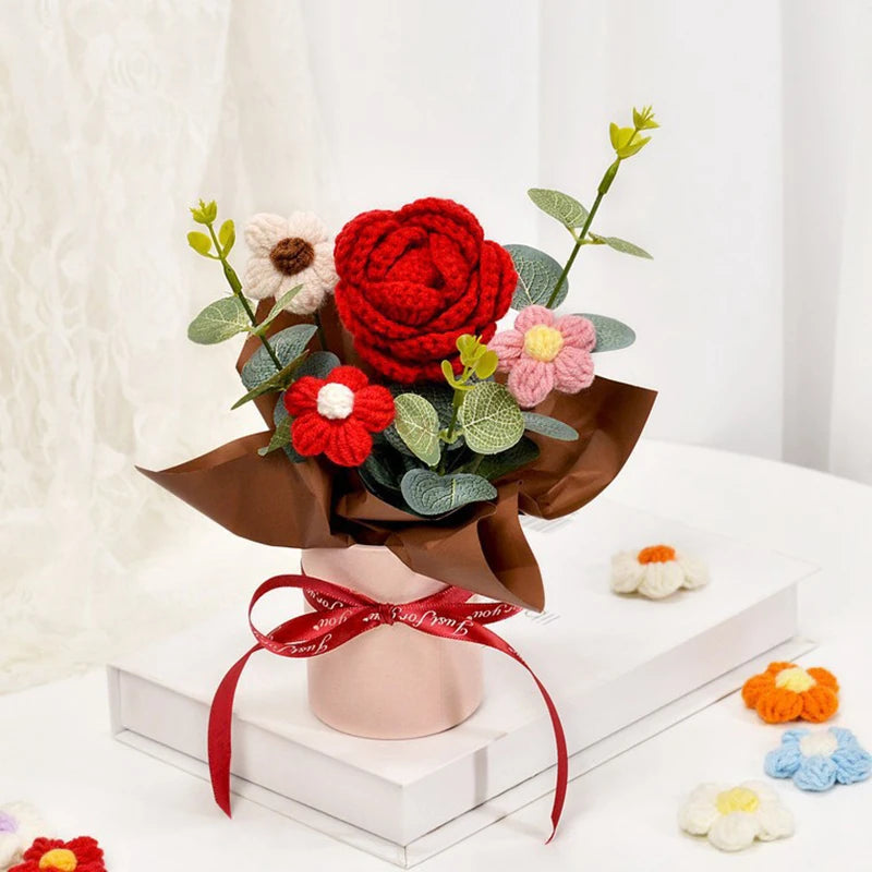 Crochet Rose Bouquet in Hugging Bucket | Perfect Gift for Teachers, Birthdays, Mother's Day & More