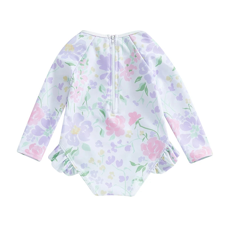 Baby Girl Floral Swimsuit - Backless Ruffled Long Sleeve Bodysuit (0-4 Years)