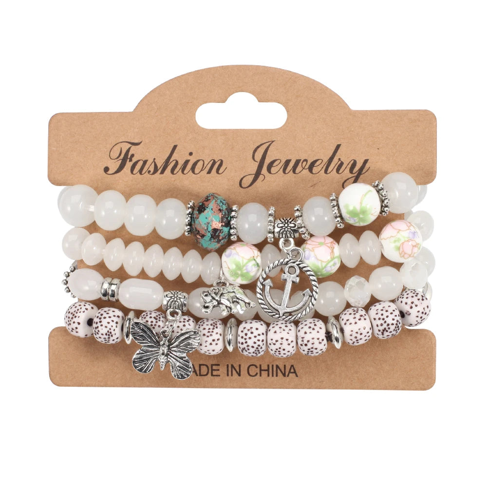 Bohemian Bracelets Set for Women - Stackable Butterfly Elephant Anchor Pendant Beads Bracelet Collection