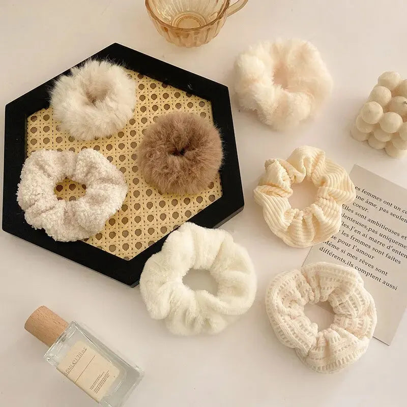 7 Piece Women's Plush Hair Scrunchies Set - Solid Color Cotton Blend Ponytail Holders & Hair Ties
