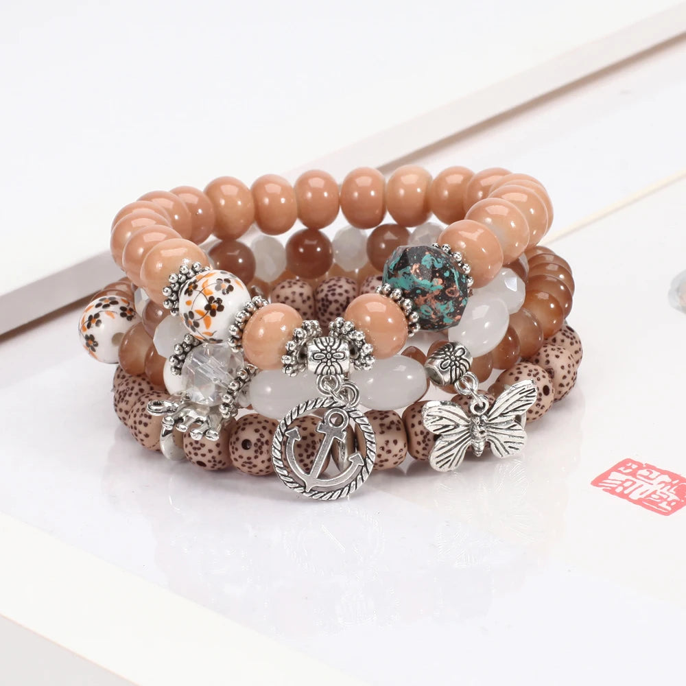 Bohemian Bracelets Set for Women - Stackable Butterfly Elephant Anchor Pendant Beads Bracelet Collection