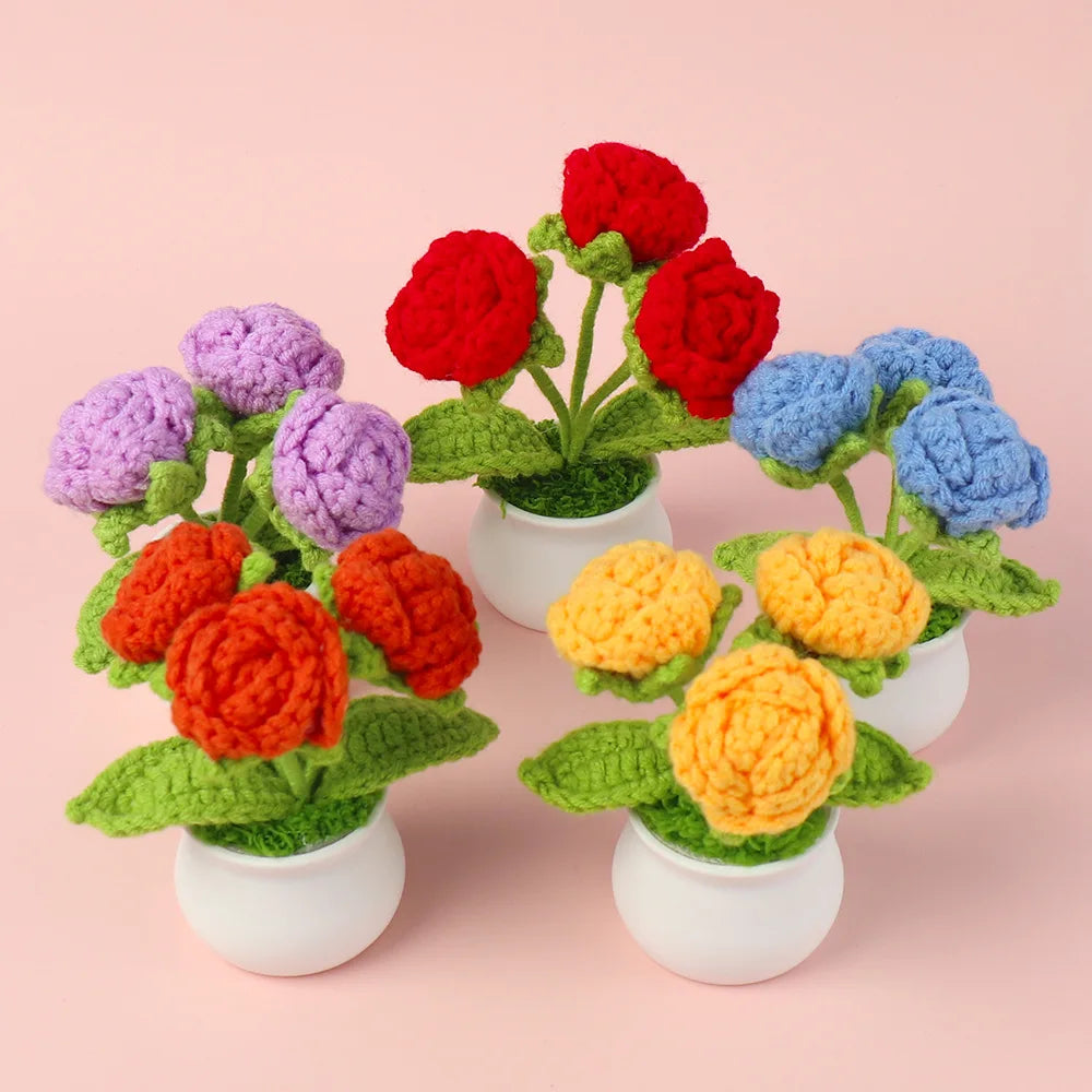 Decorative Knitted Rose Pot | Artificial Flowers for Home & Celebration Decor
