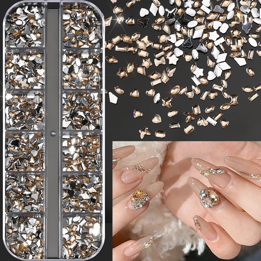 12-Grid Ocean Gold Nail Art Charms Set - Shell, Seahorse & Starfish with White Pearl Gems & Metal Studs