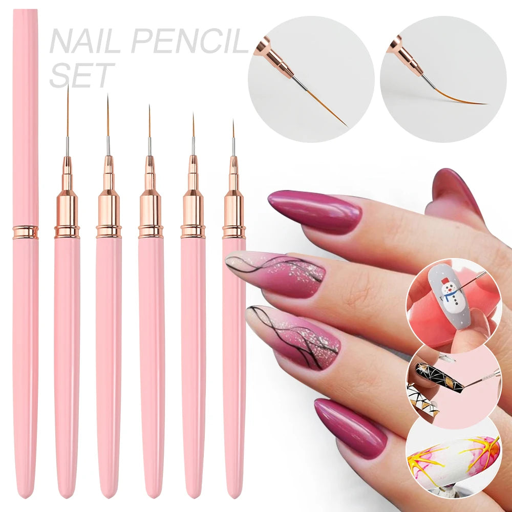 5Pcs Pink French Nail Art Liner Painting Brush Set - Ultra-thin 7/10/12/15/20m Elongated Lines Drawing Pen DIY Manicure