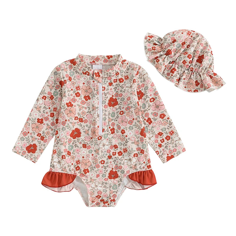 Baby Girl Floral Swimsuit - Backless Ruffled Long Sleeve Bodysuit (0-4 Years)