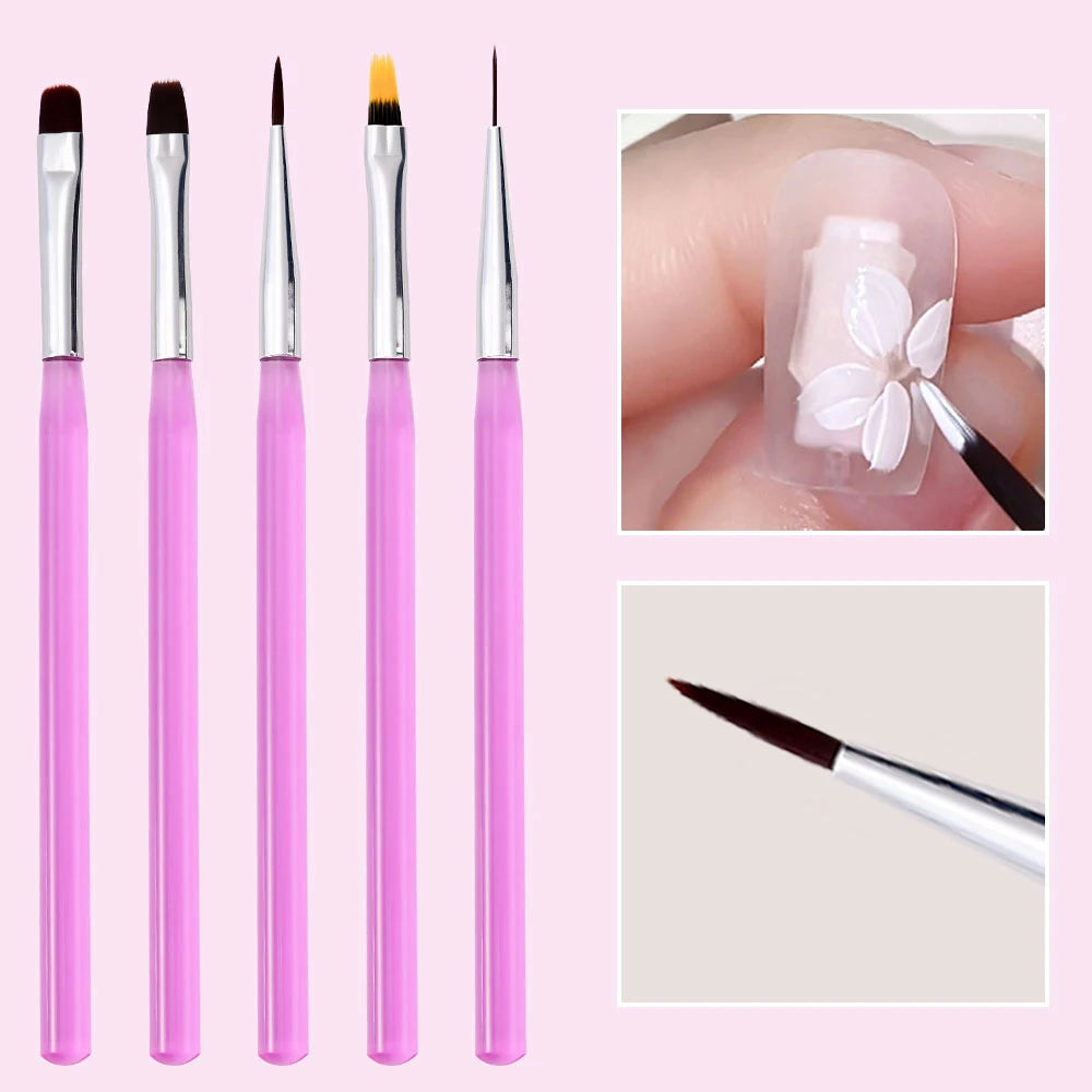 5Pcs Pink French Nail Art Liner Painting Brush Set - Ultra-thin 7/10/12/15/20m Elongated Lines Drawing Pen DIY Manicure