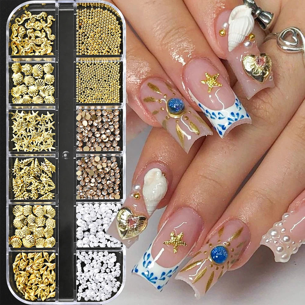 12-Grid Ocean Gold Nail Art Charms Set - Shell, Seahorse & Starfish with White Pearl Gems & Metal Studs
