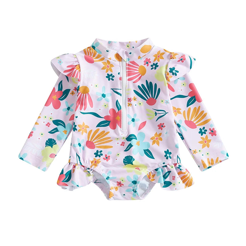 Baby Girl Floral Swimsuit - Backless Ruffled Long Sleeve Bodysuit (0-4 Years)