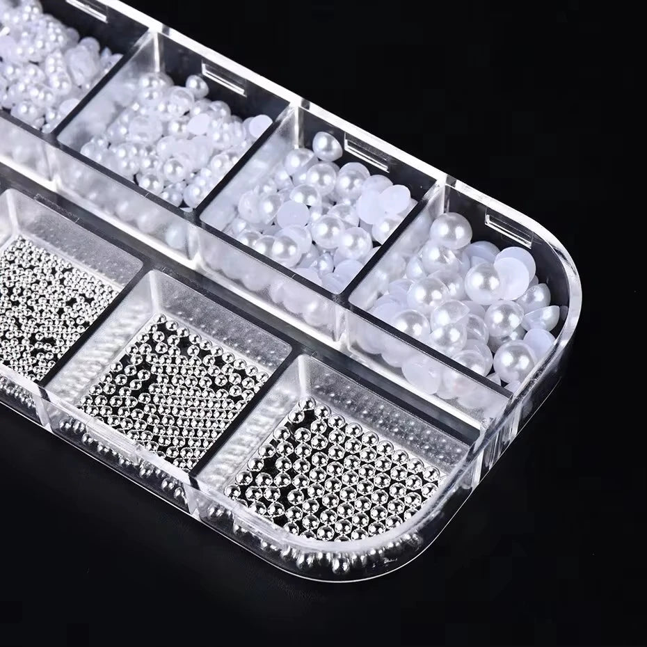12-Grid White Pearl Nail Charms Set - Caviar Beads & Half Pearls for DIY Manicure Art