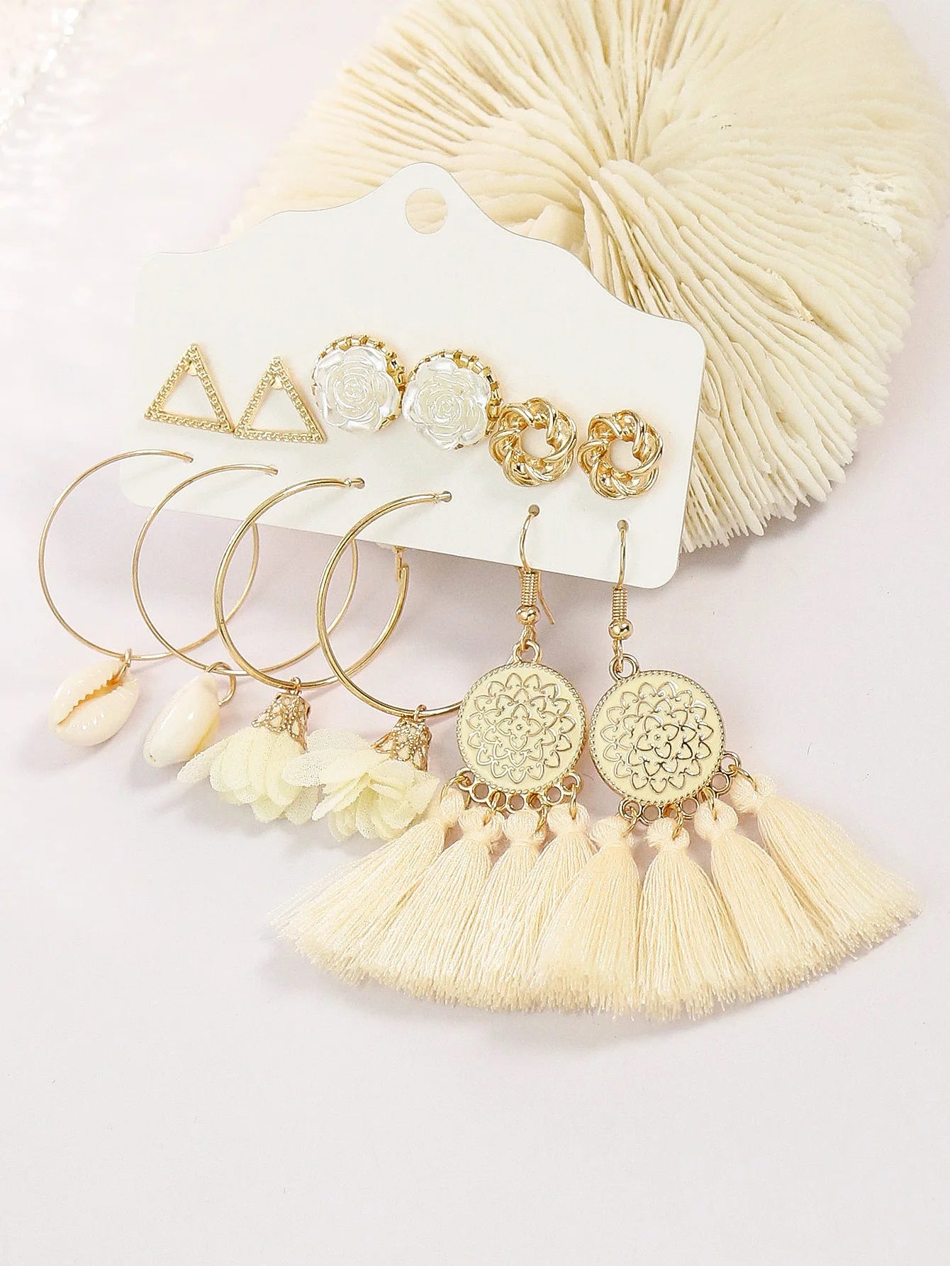 Trendy Golden Circle White Tassel Shell Earrings & Ear Studs Combination Set - Versatile Fresh Fashion Jewelry for Women