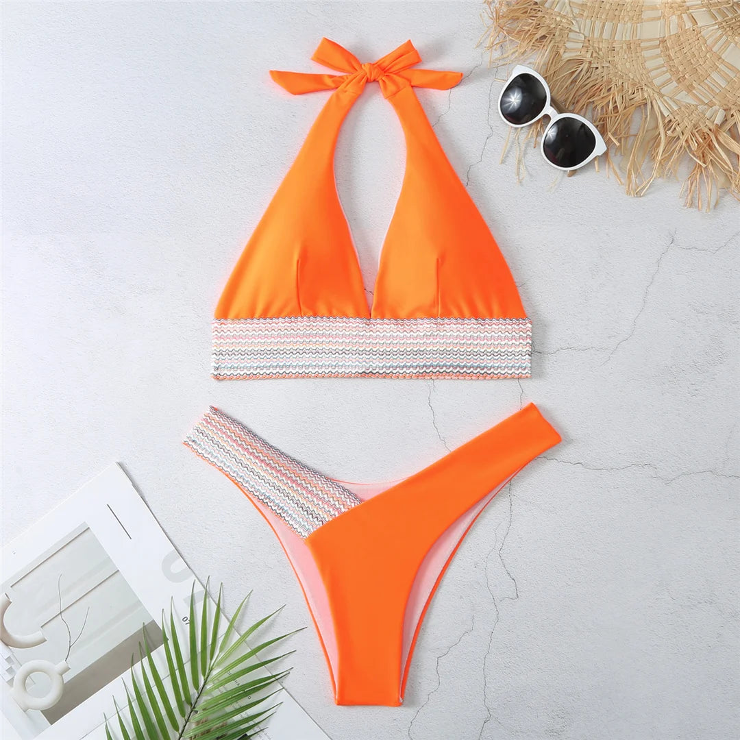 5-Color Splicing Halter V-Neck Bikini Set - Wire-Free Two-Piece Swimsuit (S-XL)