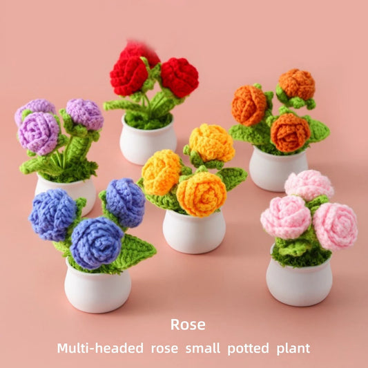 Decorative Knitted Rose Pot | Artificial Flowers for Home & Celebration Decor