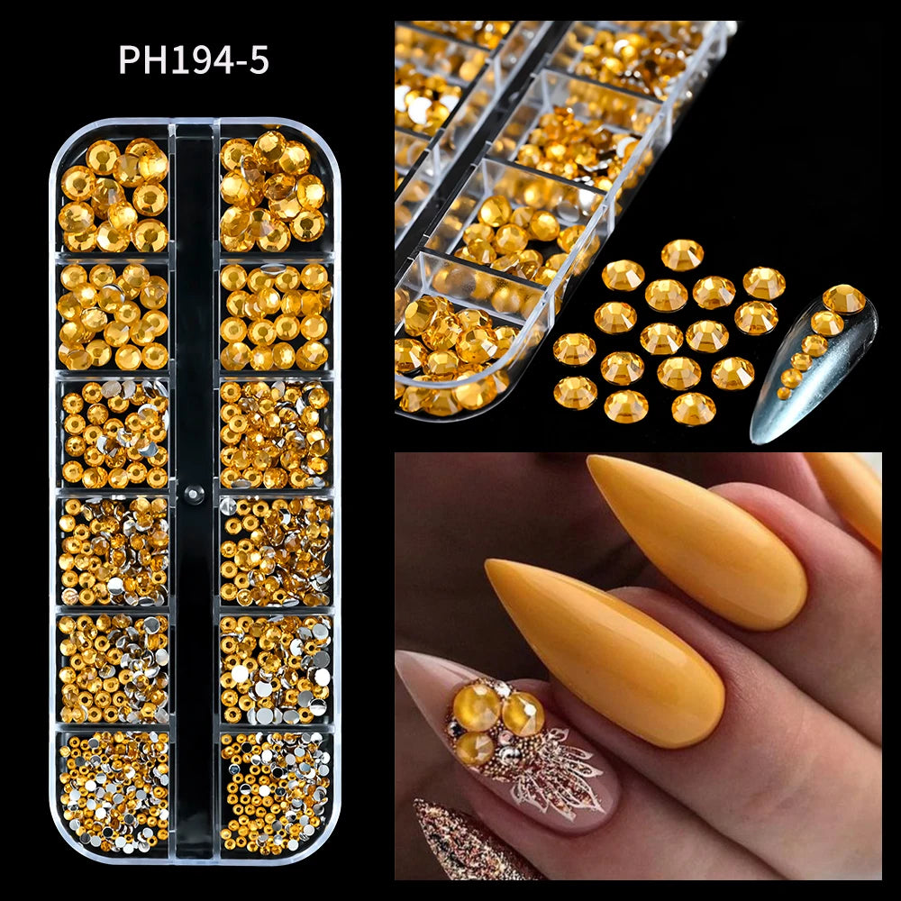 12-Grid Ocean Gold Nail Art Charms Set - Shell, Seahorse & Starfish with White Pearl Gems & Metal Studs