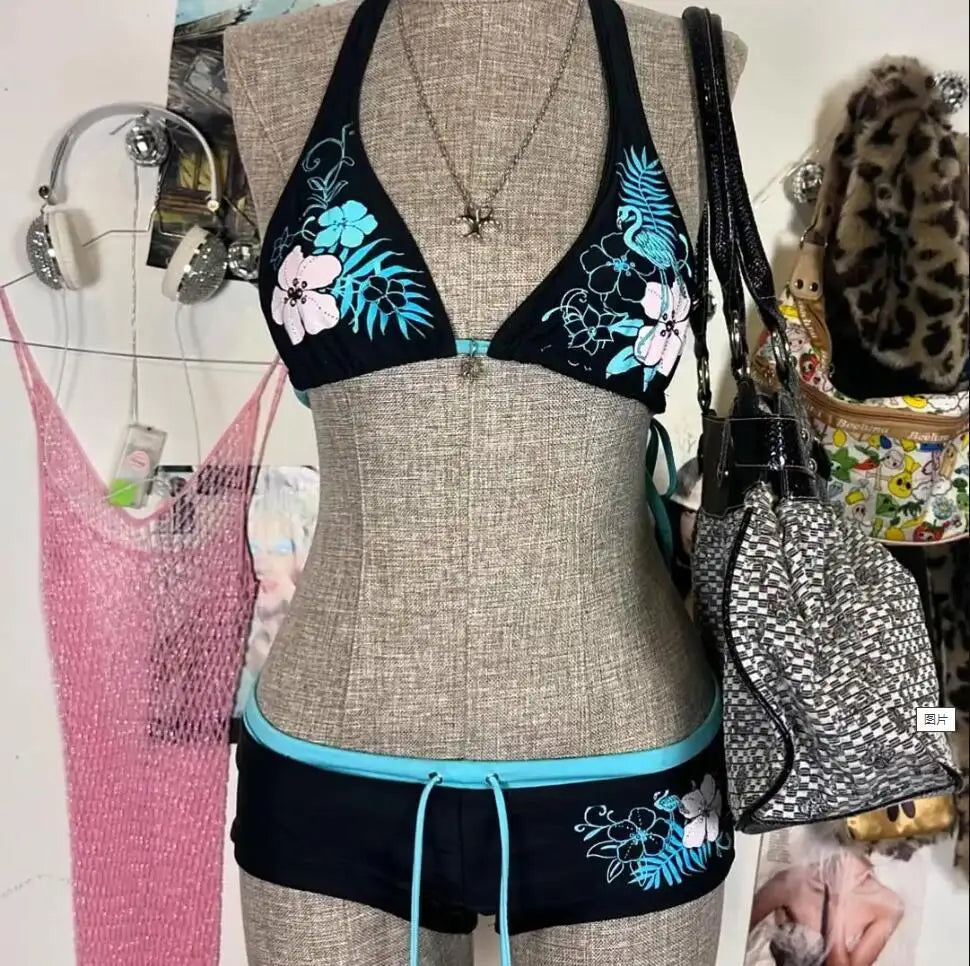 Sexy Floral Print Lace-Up Backless Bikini Set - High Waist Two-Piece Swimsuit (S-L)