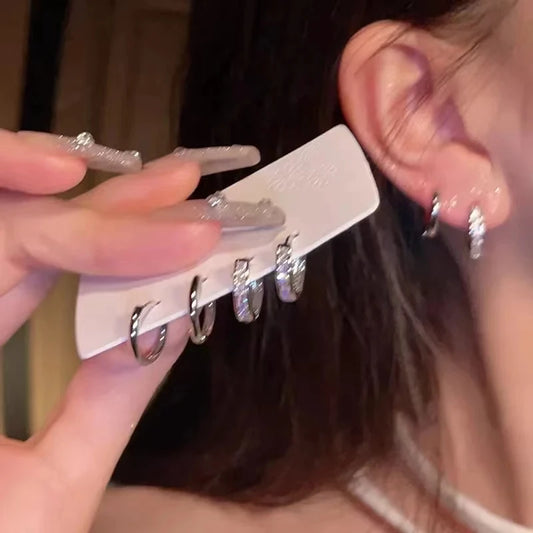 4Pcs/set Crystal Small Hoop Earrings For Women Silver Color New Y2K Cool Daily Wear Jewelry Girl's Gift